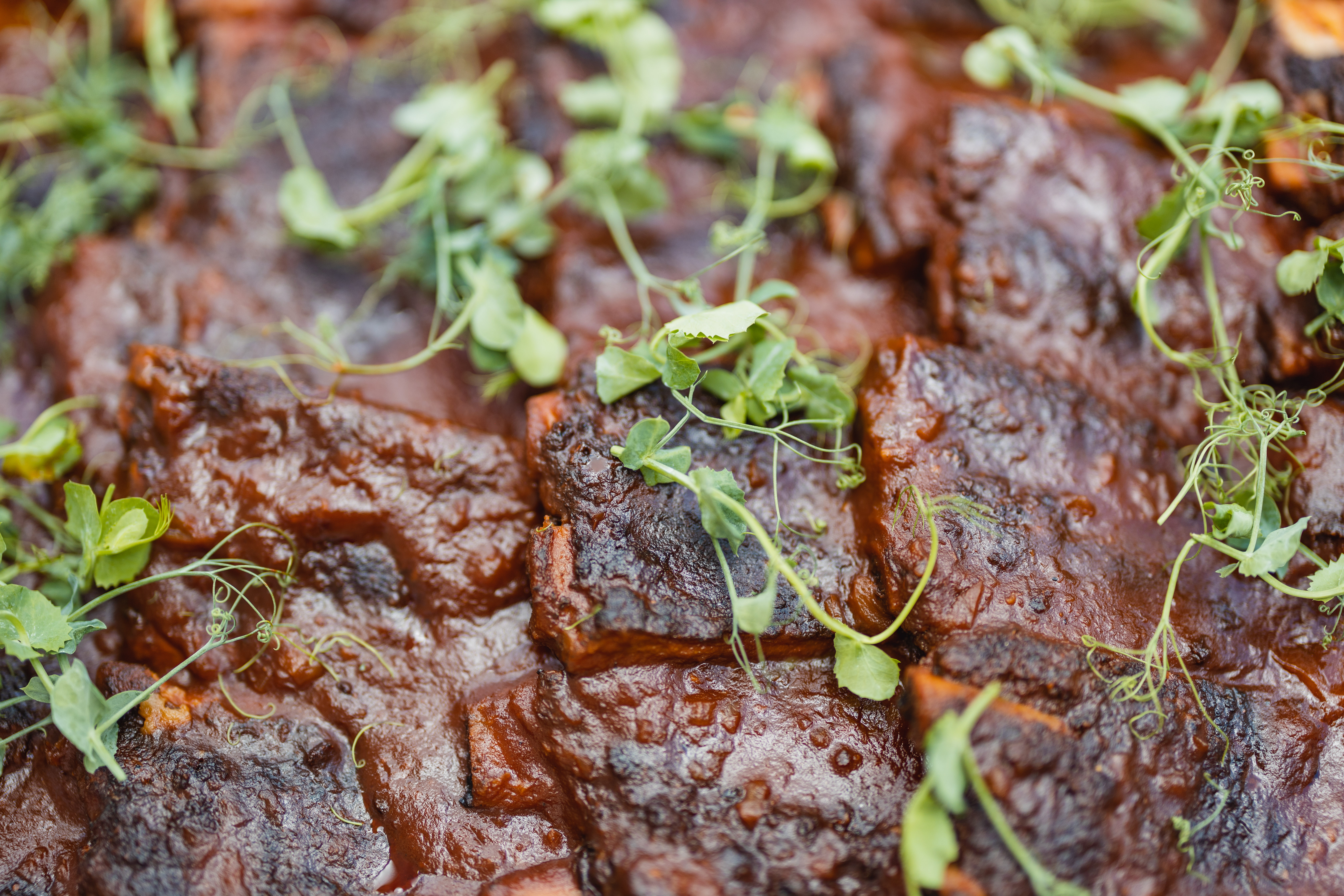 placing ribs on a plate at an outdoor buffet